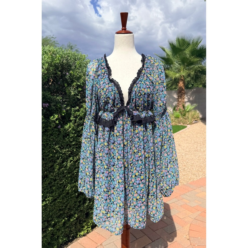 Free People Floral Lace Trim Open Back Babydoll Tunic Mini Dress Sz Large L Boho